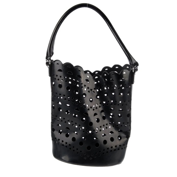 Neiman Marcus Black Perforated vegan Leather Bucket Bag - Picture 5 of 5